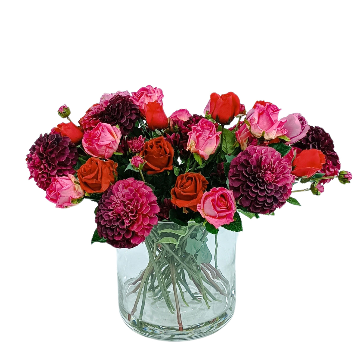 Dahlia Pom Pom & Roses Mix Arrangement in Glass Cylinder Vase
