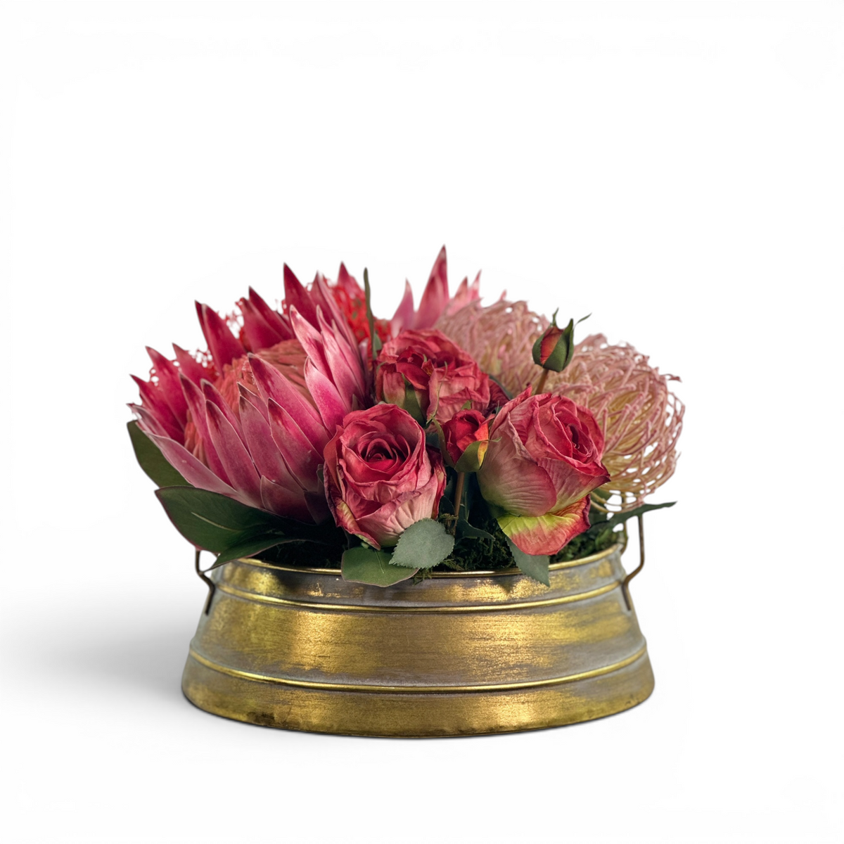 Proteas Roses Pincushion Mix Arrangement in Gold Tin
