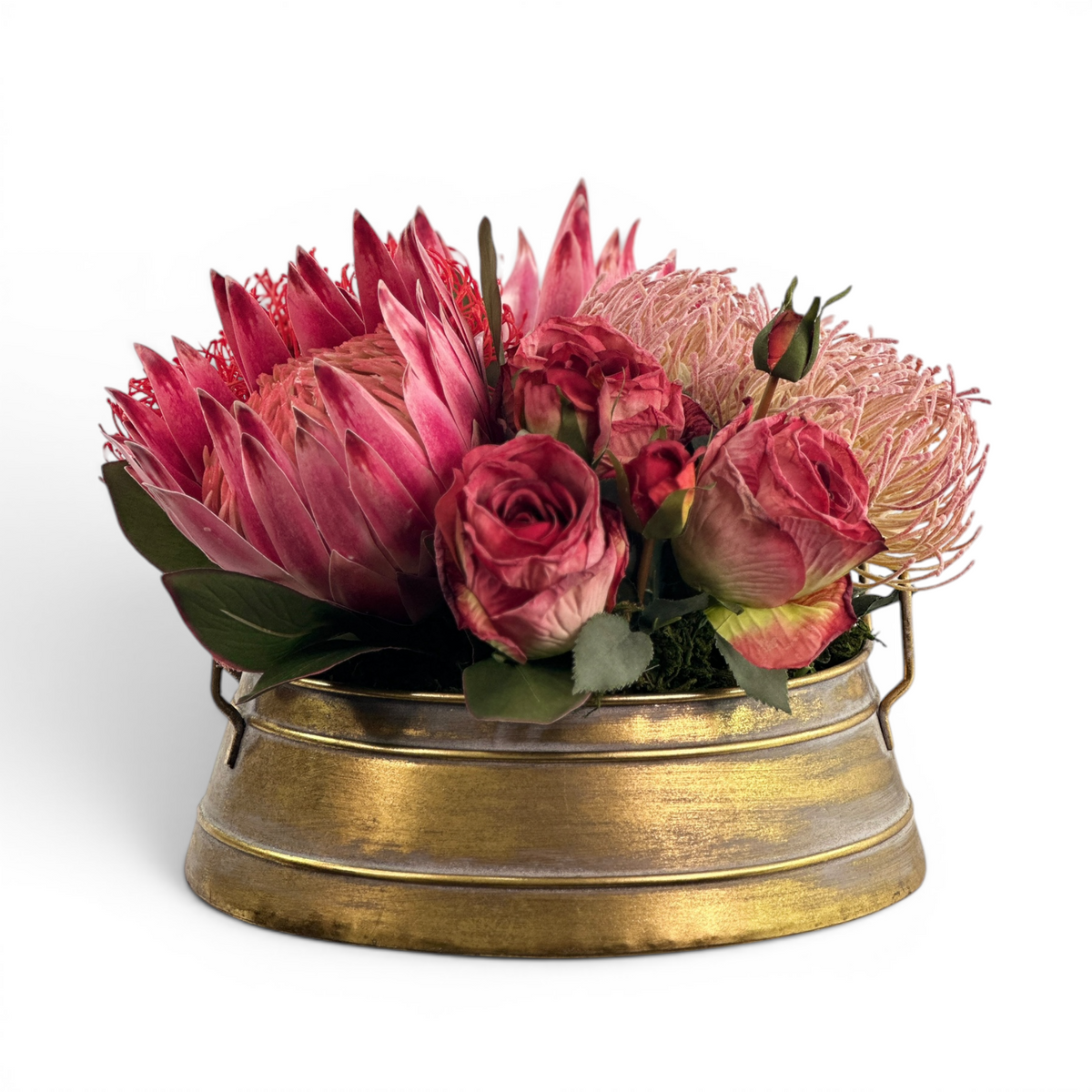 Proteas Roses Pincushion Mix Arrangement in Gold Tin