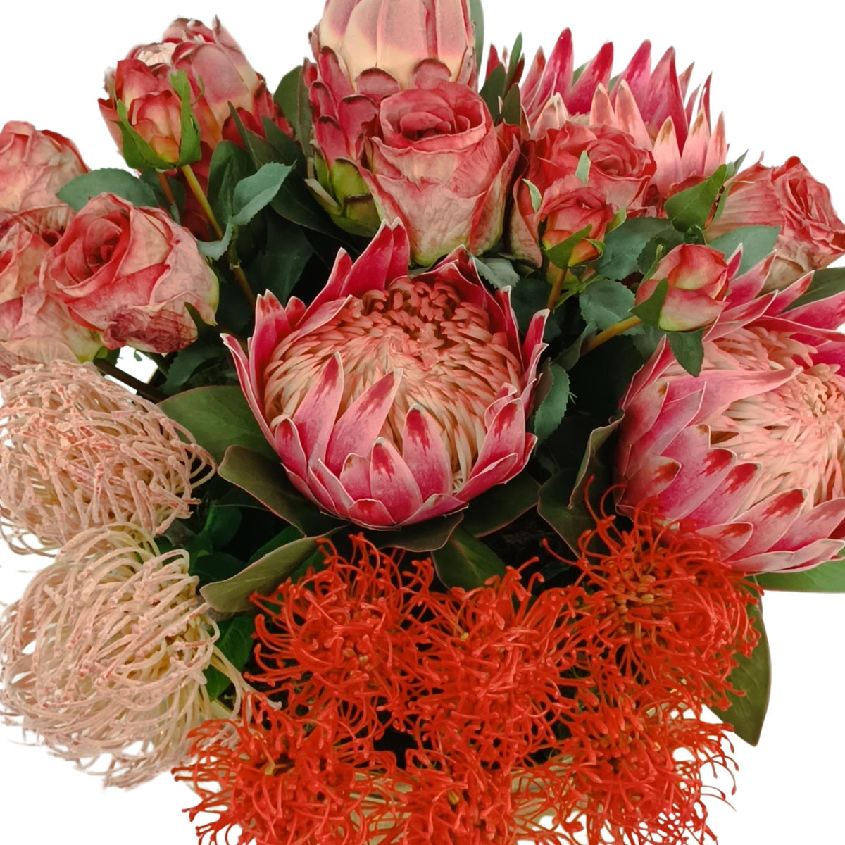 Proteas Roses Pincushion Mix Arrangement in Gold Tin. Top view. Available from Plant Couture.