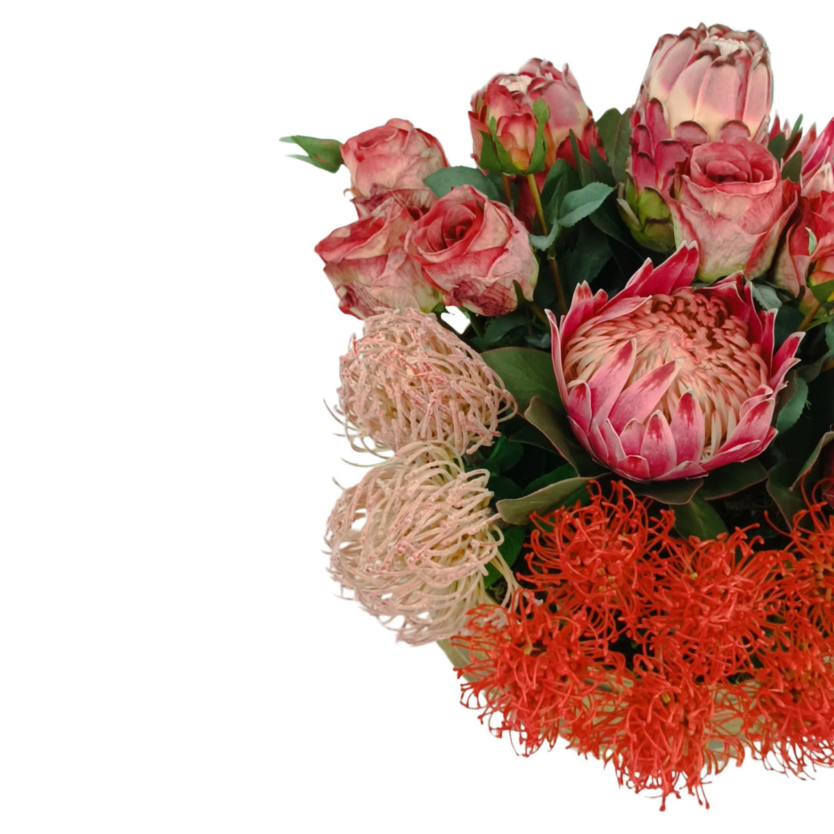Proteas Roses Pincushion Mix Arrangement in Gold Tin. Top view. Available from Plant Couture.