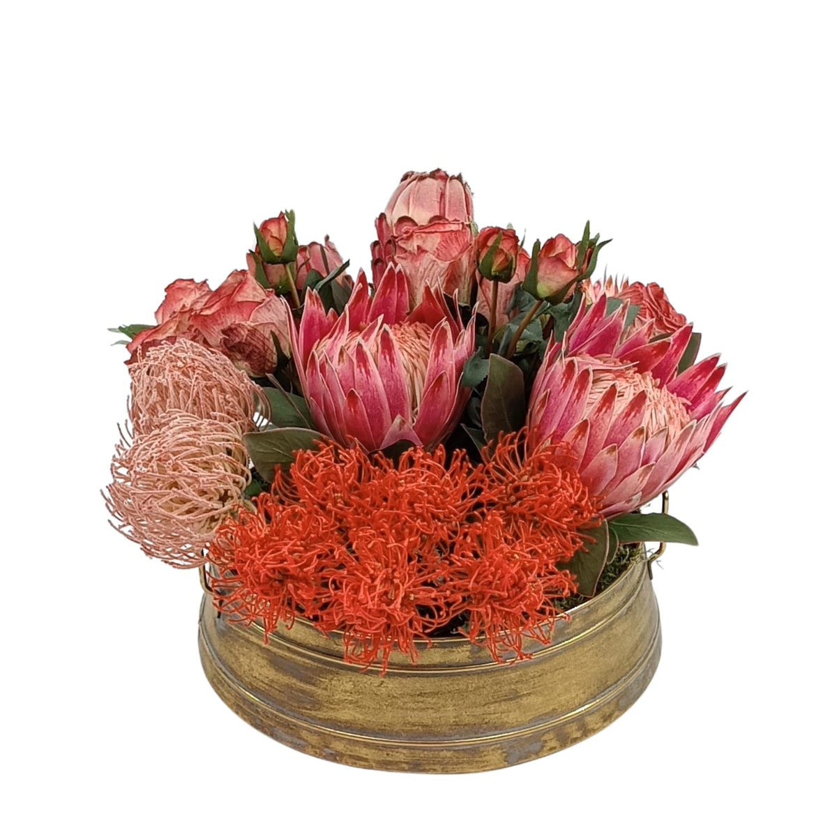 Proteas Roses Pincushion Mix Arrangement in Gold Tin. Front view. Available from Plant Couture.