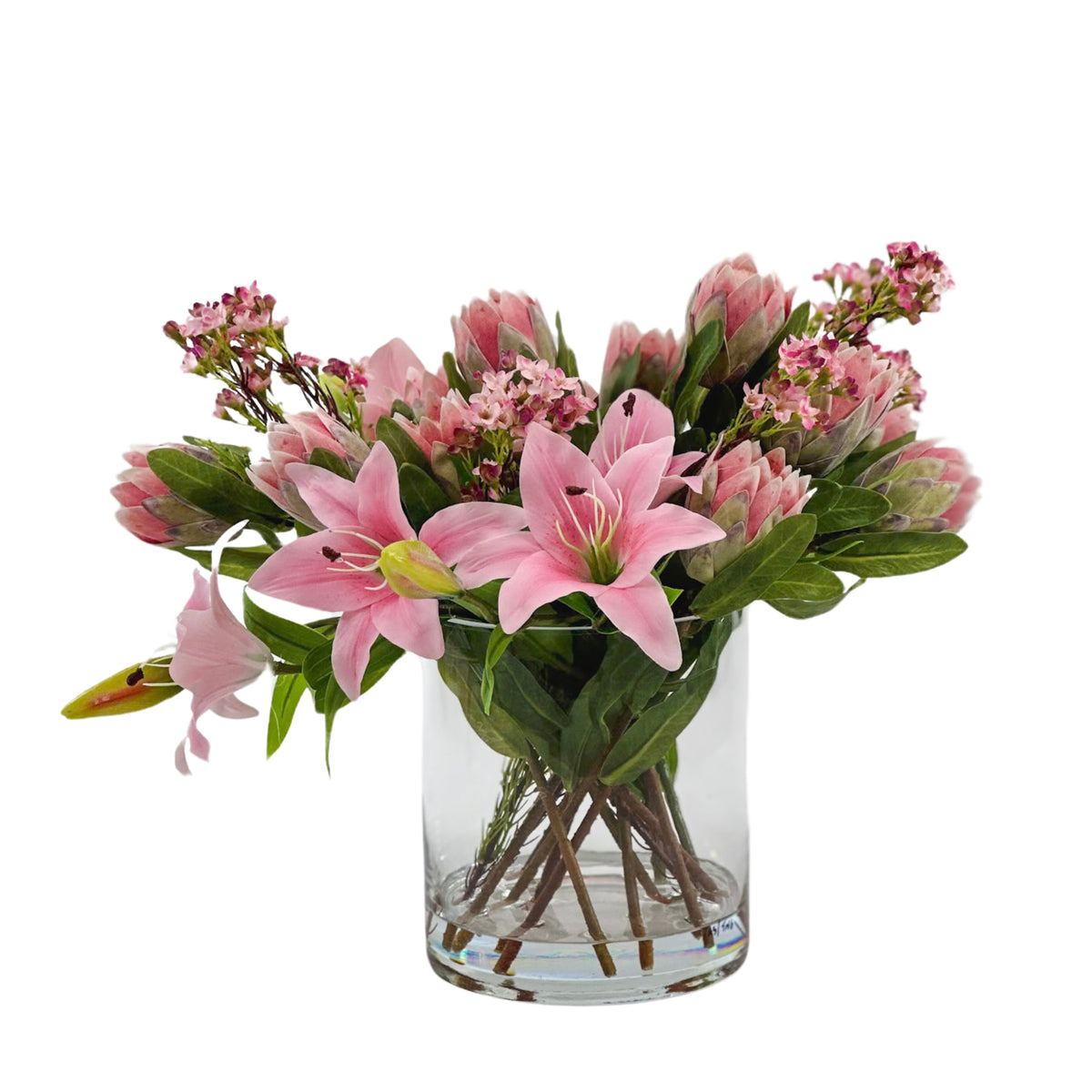 Lily Protea Mix Silk Flower Arrangement in Glass Cylinder Vase
