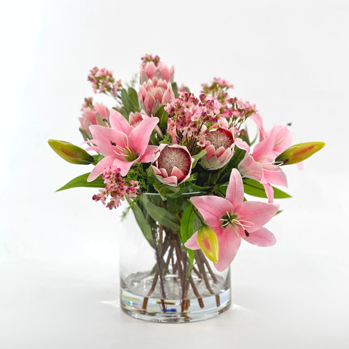 Lily Protea Mix Silk Flower Arrangement in Glass Cylinder Vase