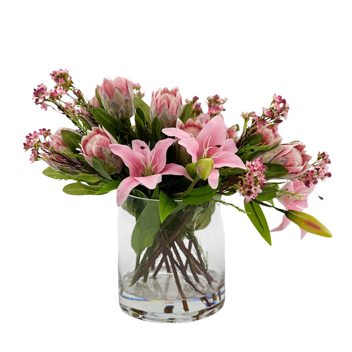 Lily Protea Mix Silk Flower Arrangement in Glass Cylinder Vase