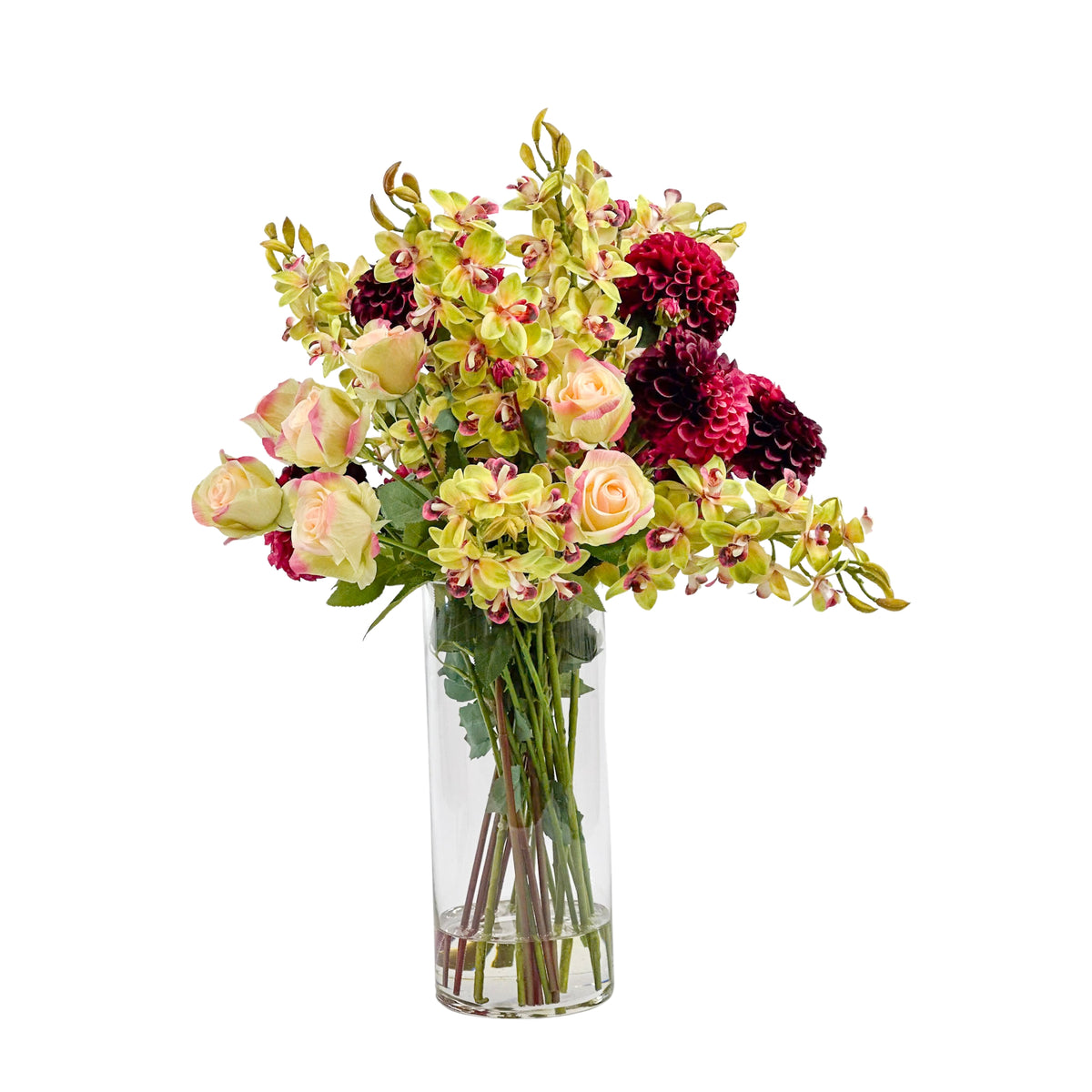 Dahlia Rose and Vanda Orchid Arrangement in Glass Cylinder Vase