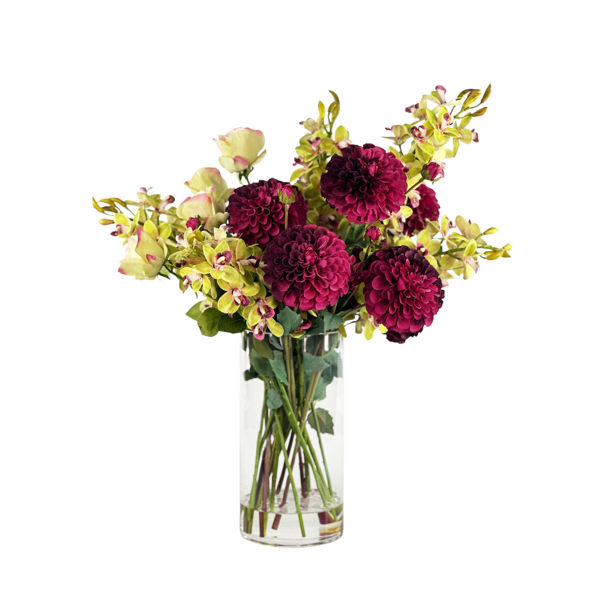 Bouquet of deep purple and green flowers in a clear vase