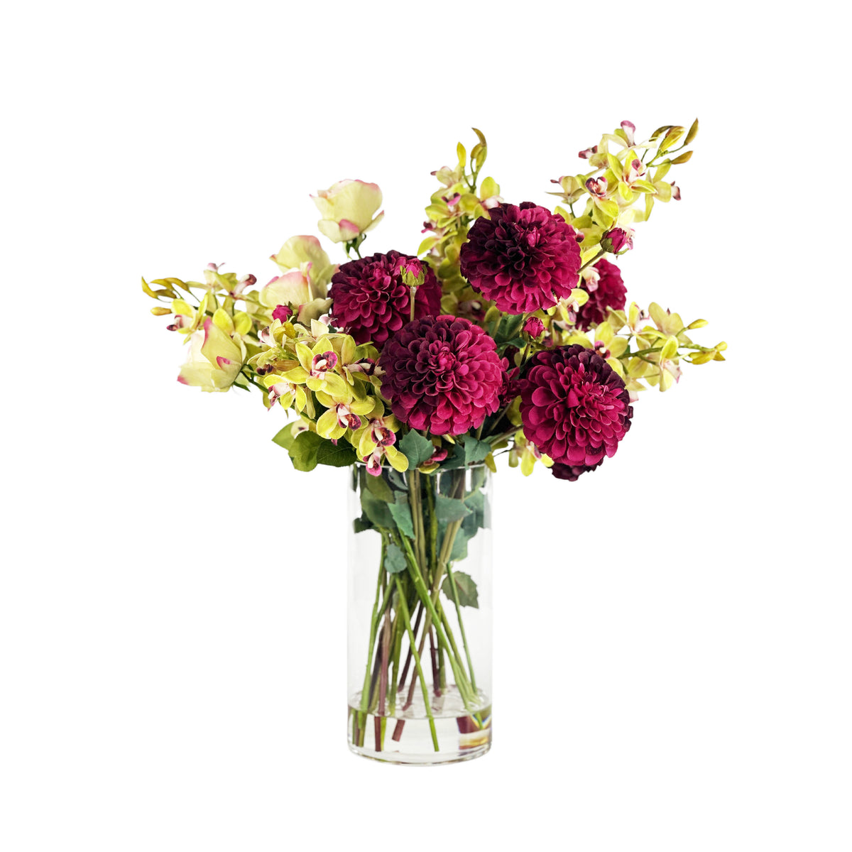 Bouquet of deep purple and green mixed flowers in a clear vase