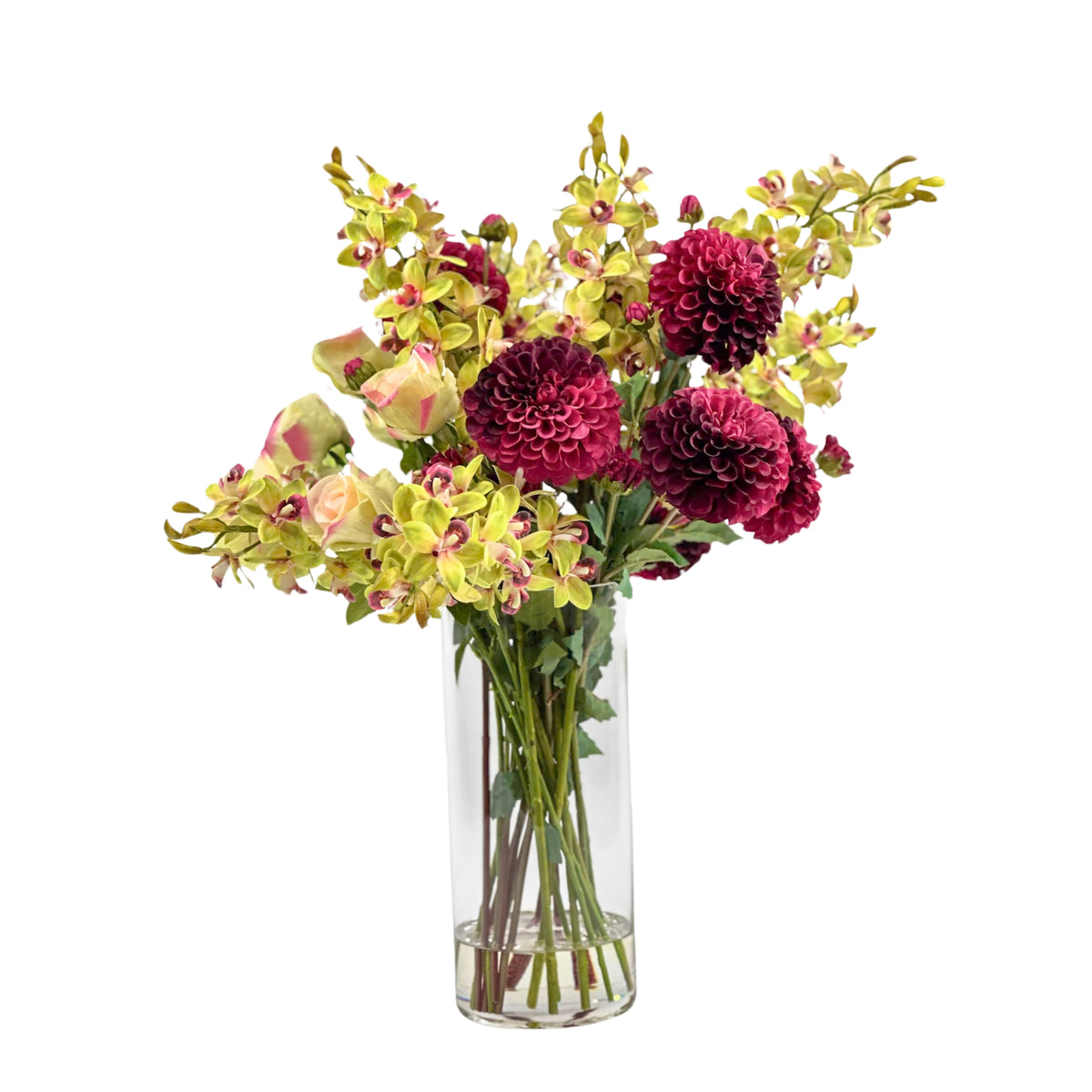 Dahlia Rose and Vanda Orchid Arrangement in Glass Cylinder Vase
