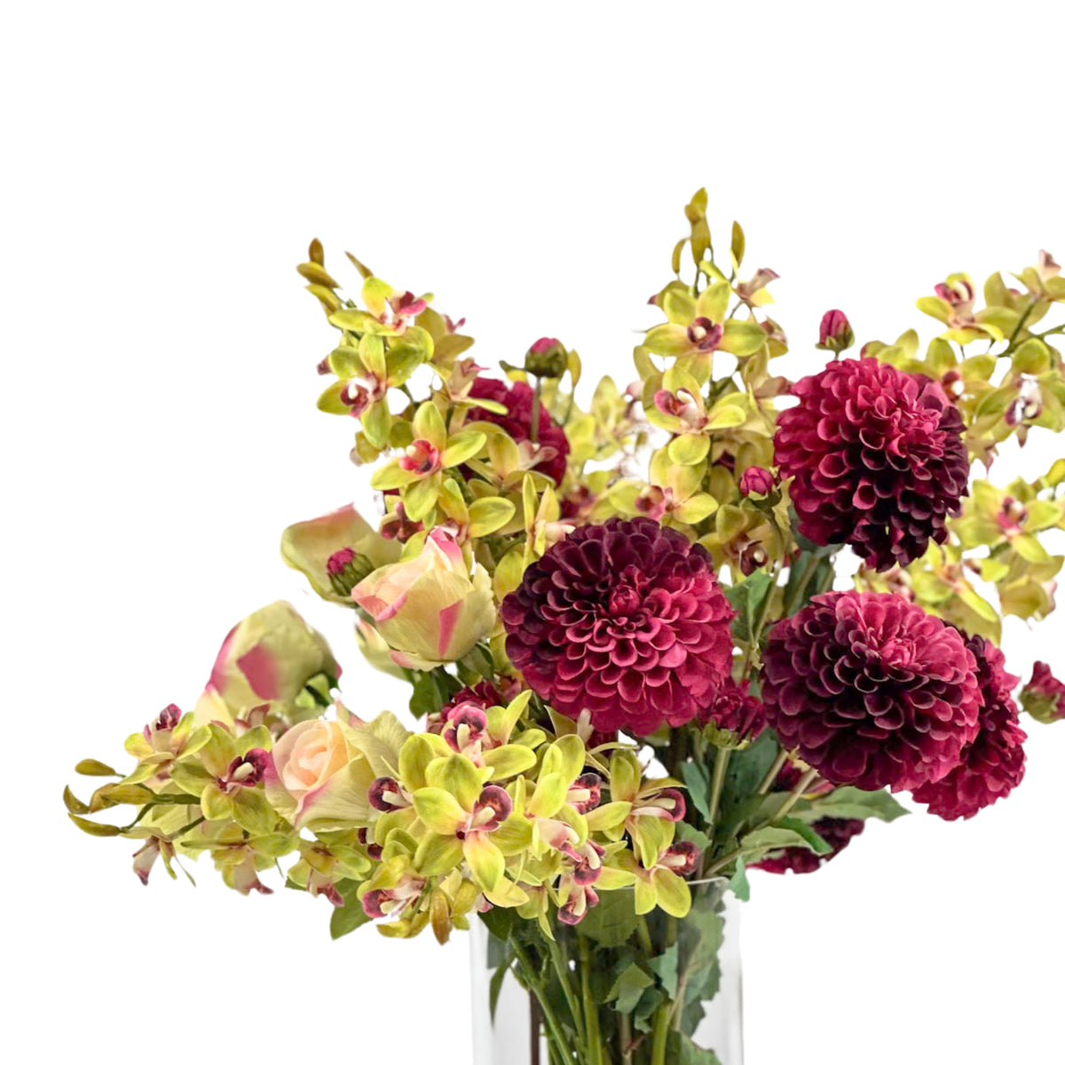Dahlia Rose and Vanda Orchid Arrangement in Glass Cylinder Vase