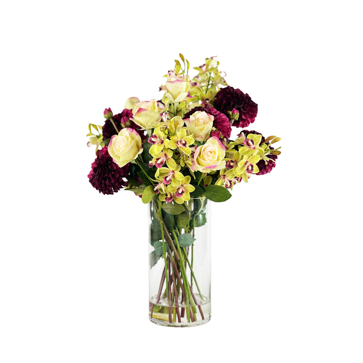 Bouquet of mixed deep purple and green flowers in a clear glass vase
