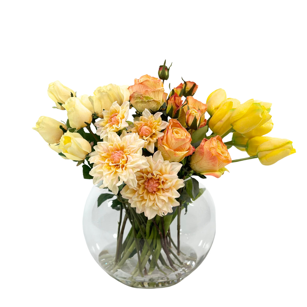 Tulip Dahlia and Roses Arrangement in Rose Bowl Glass Vase