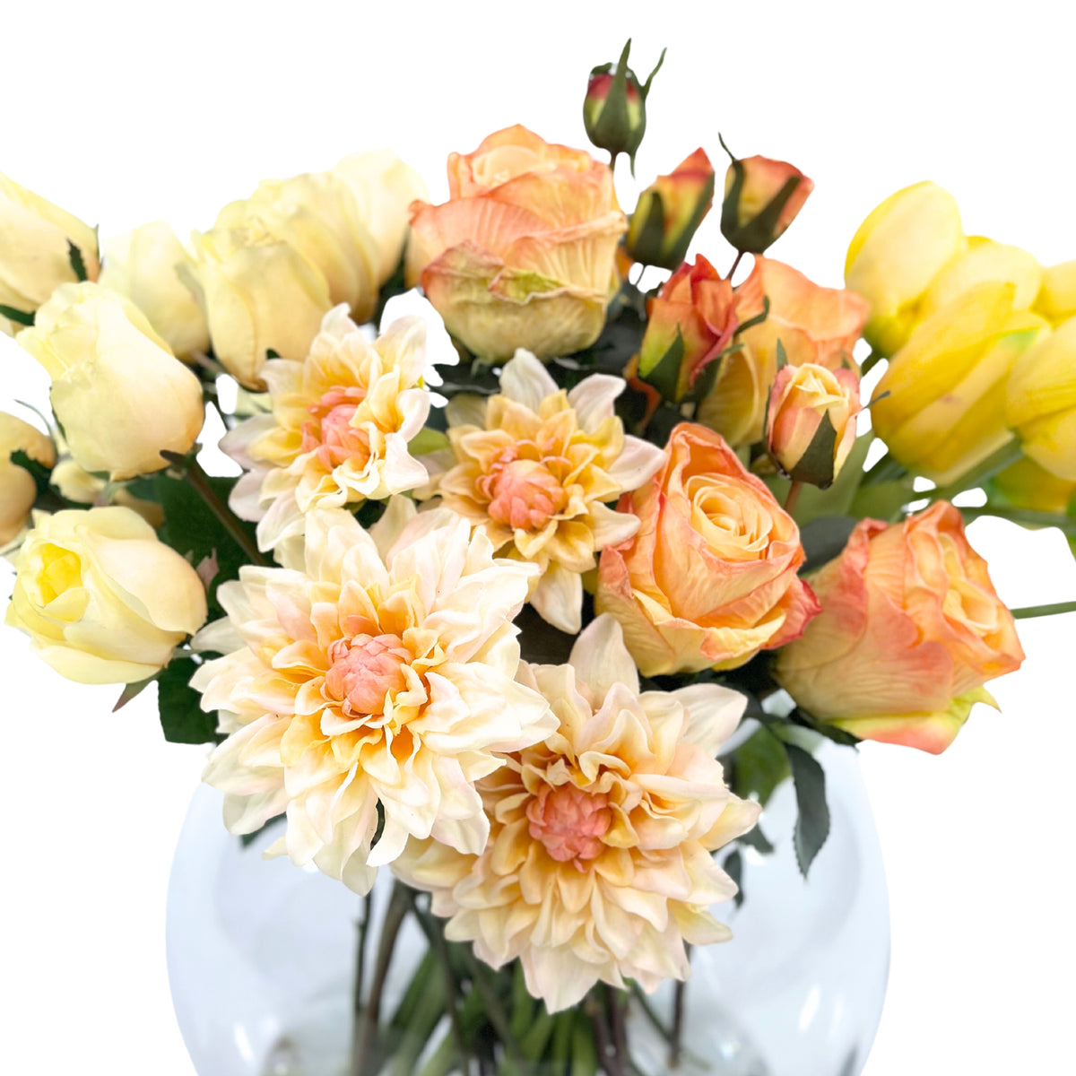 Tulip Dahlia and Roses Arrangement in Rose Bowl Glass Vase