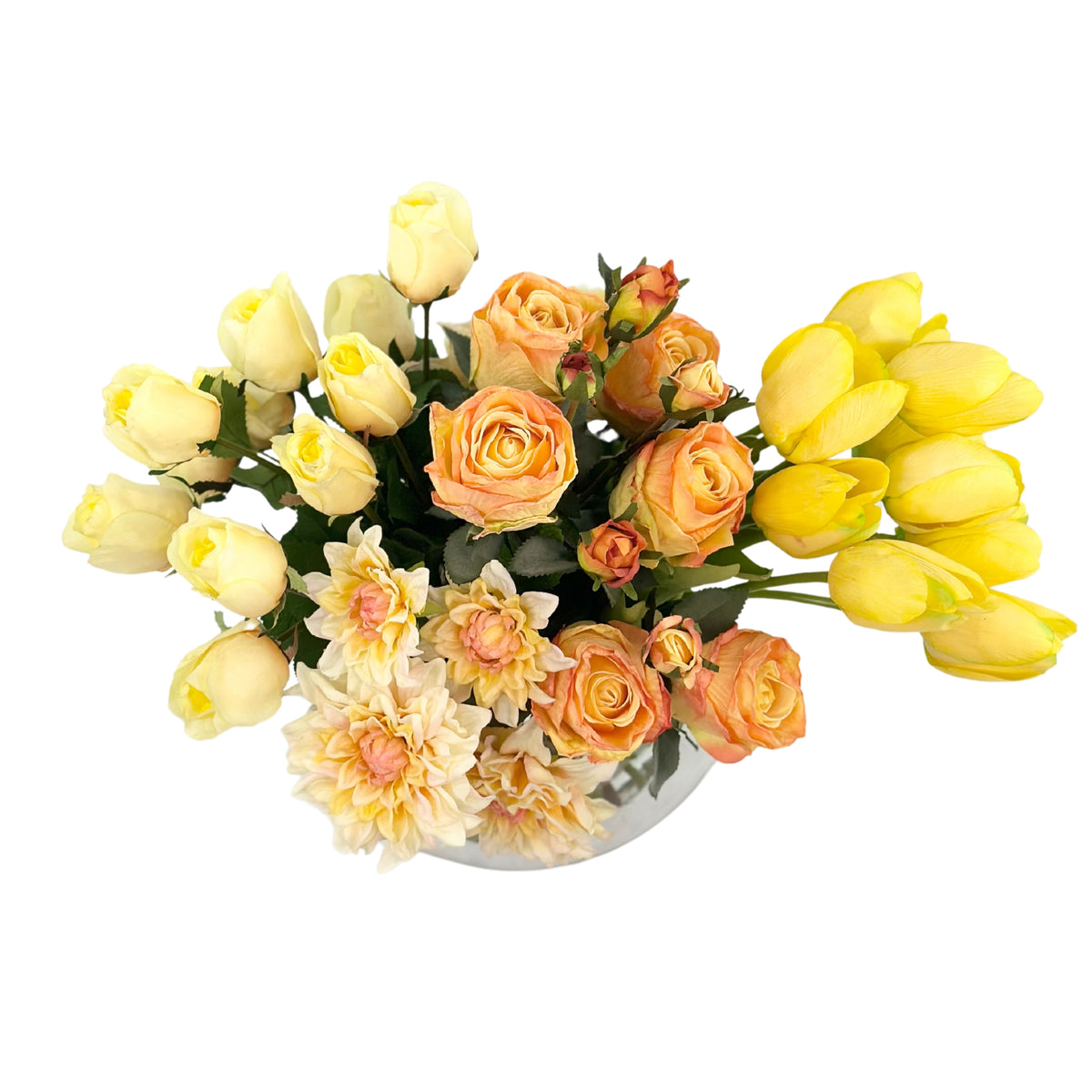 Tulip Dahlia and Roses Arrangement in Rose Bowl Glass Vase