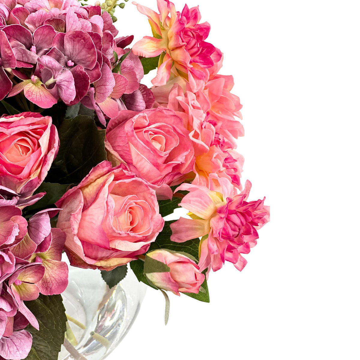 Hydrangea Rose Dahlia Mix Silk Flower Arrangement in Fishbowl Glass Vase. Full close up view. Available from www.plantcouture.co.za