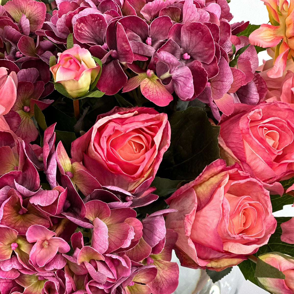 Hydrangea Rose Dahlia Mix Silk Flower Arrangement in Fishbowl Glass Vase. Full close up view. Available from www.plantcouture.co.za