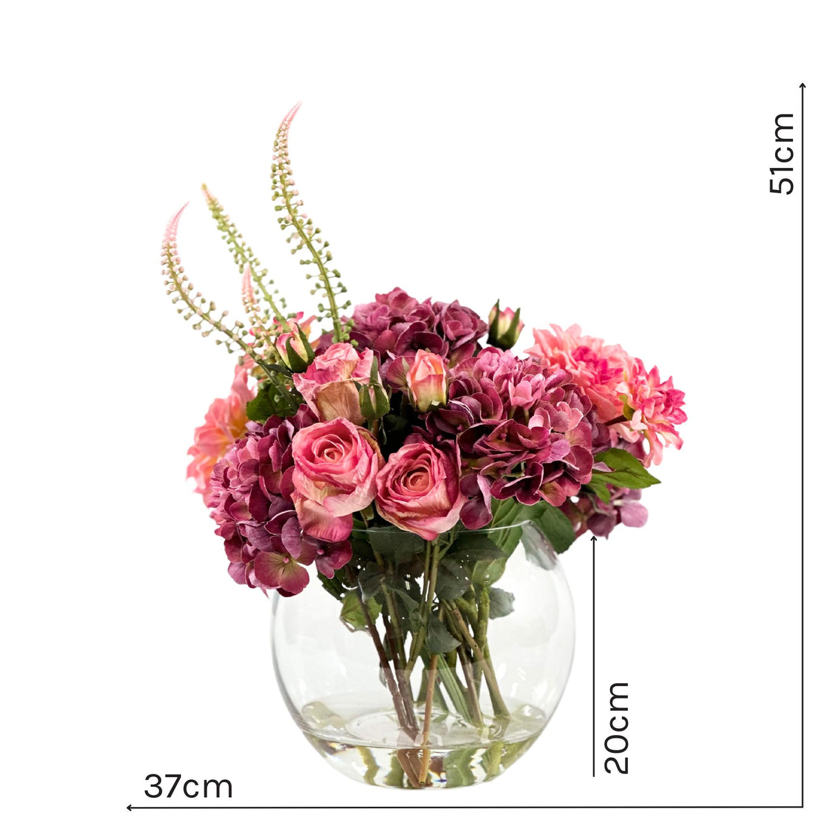 Hydrangea Rose Dahlia Mix Silk Flower Arrangement in Fishbowl Glass Vase. Full front view with measurements. Available from www.plantcouture.co.za
