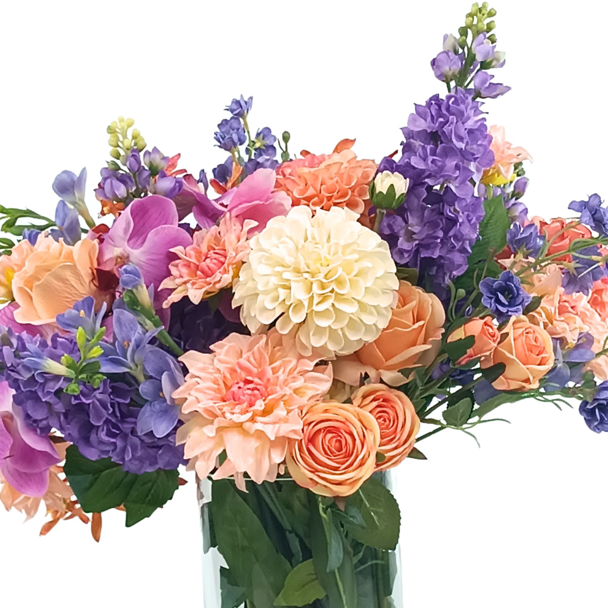 Dahlia Roses Snapdragon Freezia Orchid Mix Arrangement in Glass