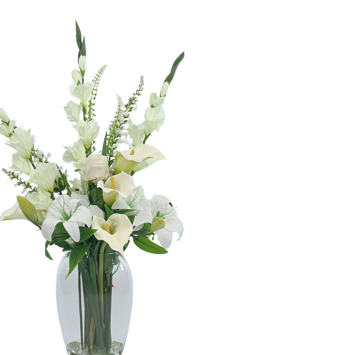 Arum Lily Gladioulus Oncidium Rose Tiger Lily Mix Arrangement. Full front view of silk flower arrangement available from Plant Couture.