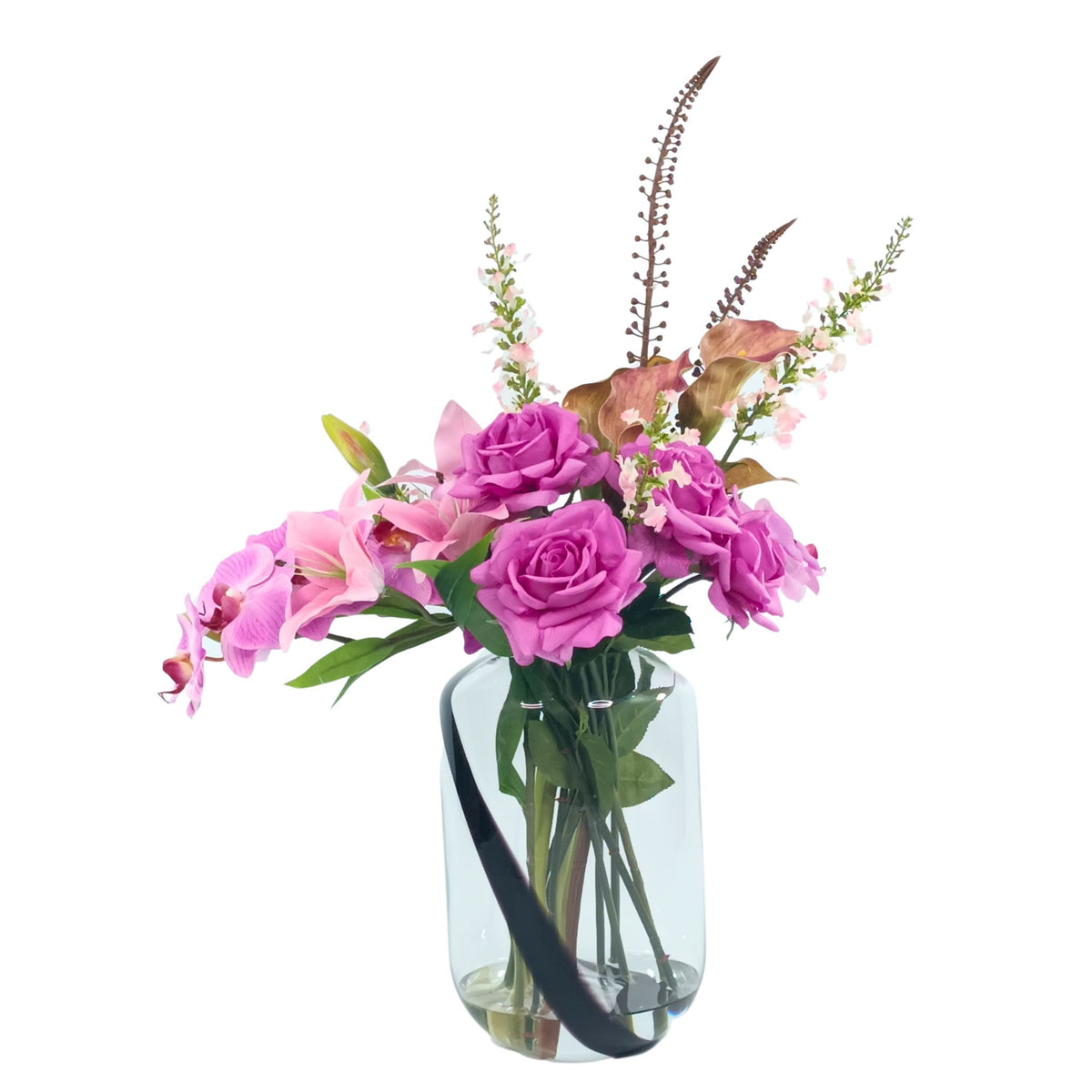 Oncidium Arum Tiger Lily Rose Mix Arrangement in Shiny Glass Vase