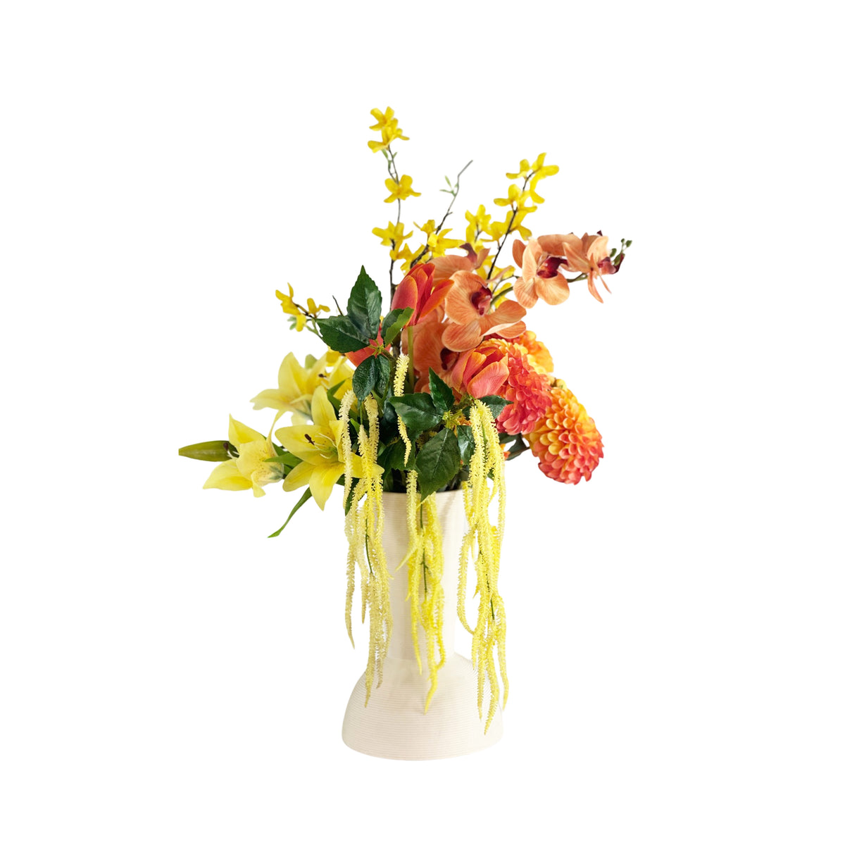 Faux Floral arrangement with yellow and orange flowers in a off white vase on a white background