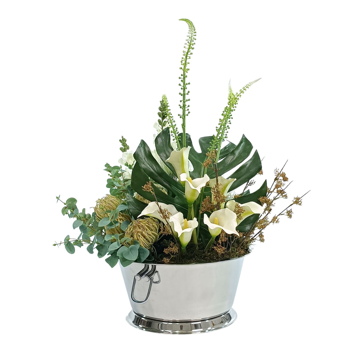 Artificial Arrangement with Monstera leaves and White Snapdragon, Pincushions and Arum Lilies in Large silver Tin.