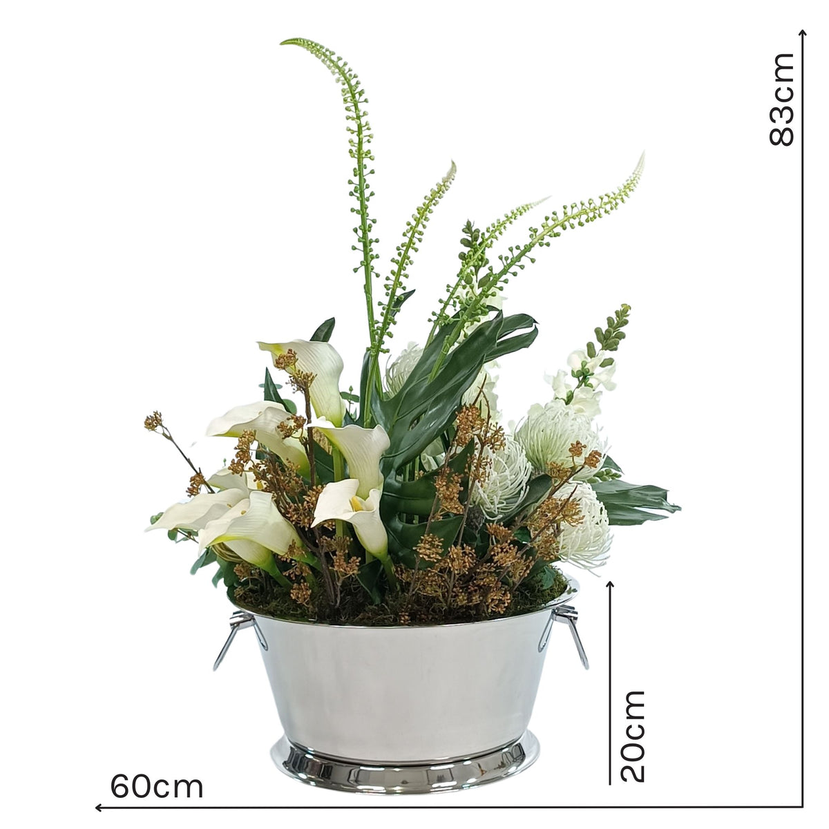 Faux Arrangement with Monstera leaves and White Snapdragon, Pincushions and Arum Lilies in Large silver Tin with measurements 60cm wide and 83cm tall