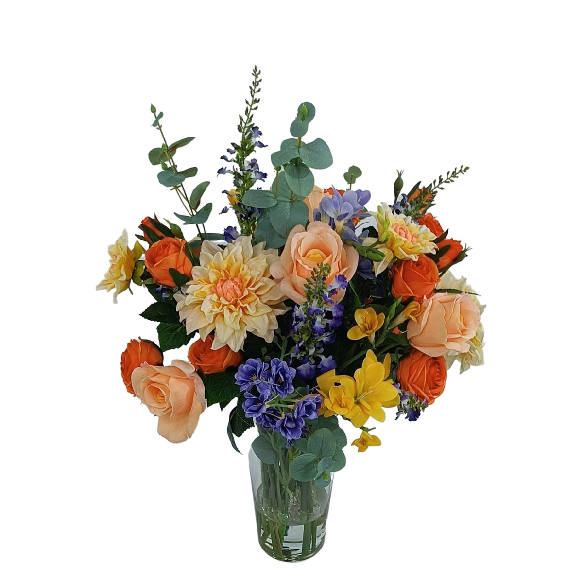Mix Freezia Dahlia Roses in Tapered Glass Vase