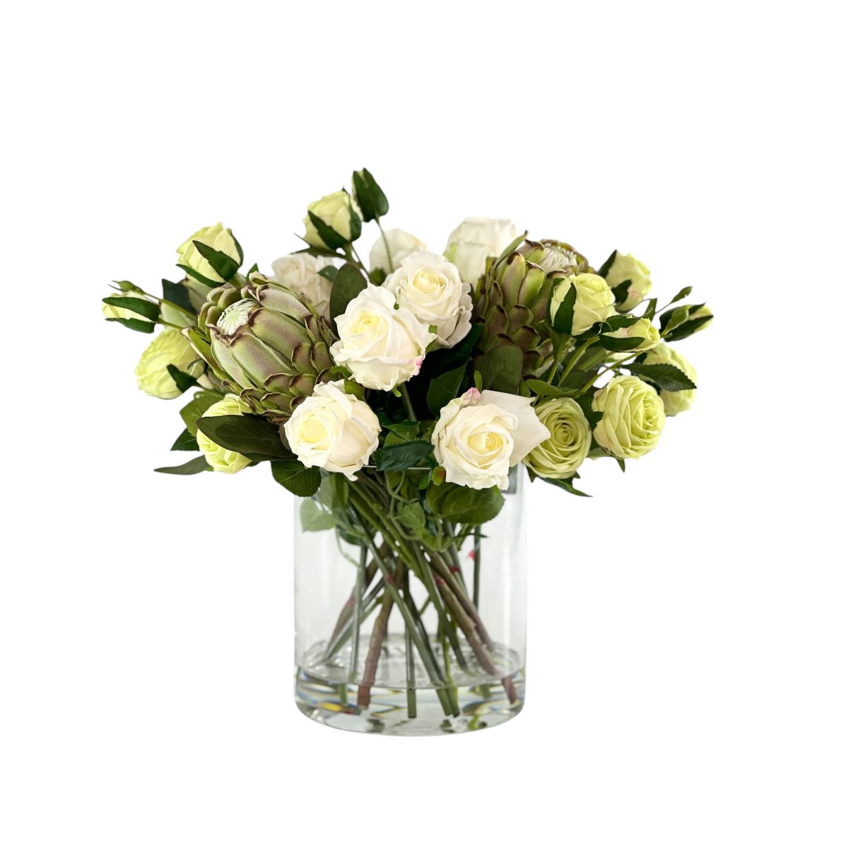 Mixed White and Green Rose and Protea Arrangement in Cylinder Glass Vase