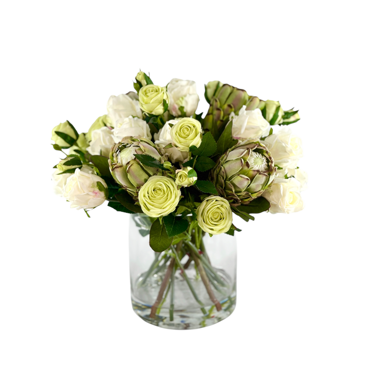 Mixed White and Green Rose and Protea Arrangement in Cylinder Glass Vase