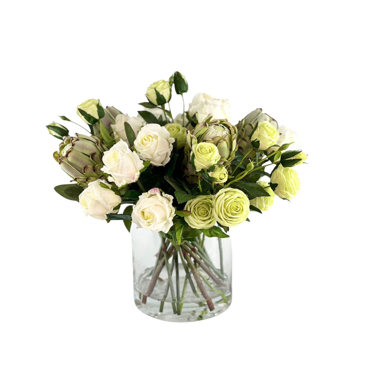 Mixed White and Green Rose and Protea Arrangement in Cylinder Glass Vase