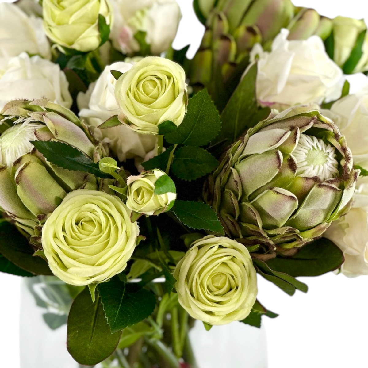 Mixed White and Green Rose and Protea Arrangement in Cylinder Glass Vase