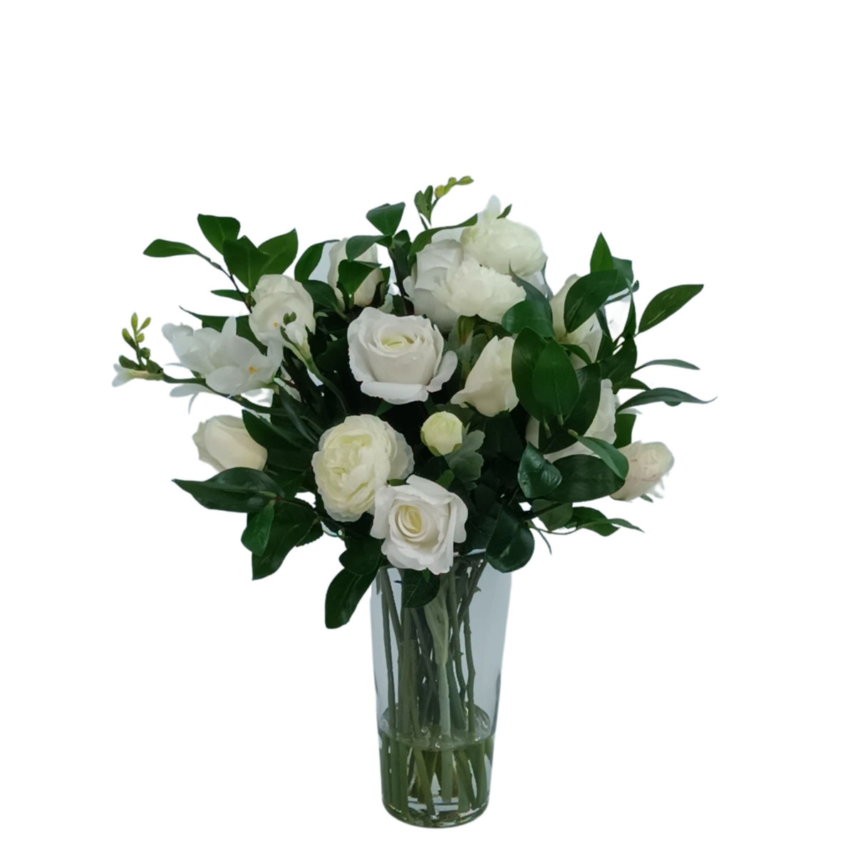 Mix Rose Rananculous Freezia Arrangement in Tapered Glass Vase