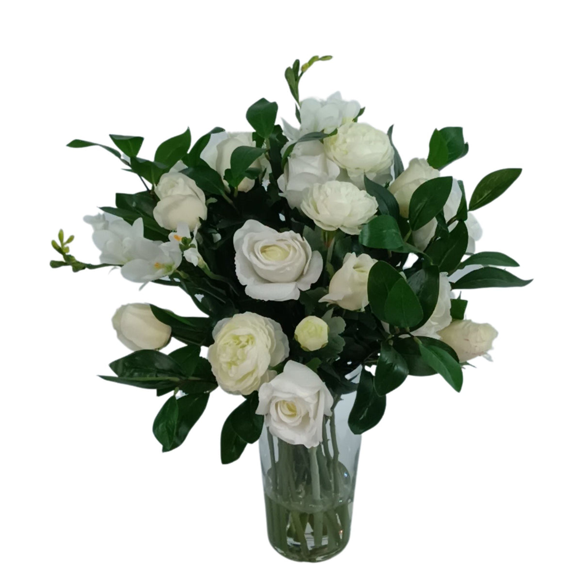 Mix Rose Rananculous Freezia Arrangement in Tapered Glass Vase