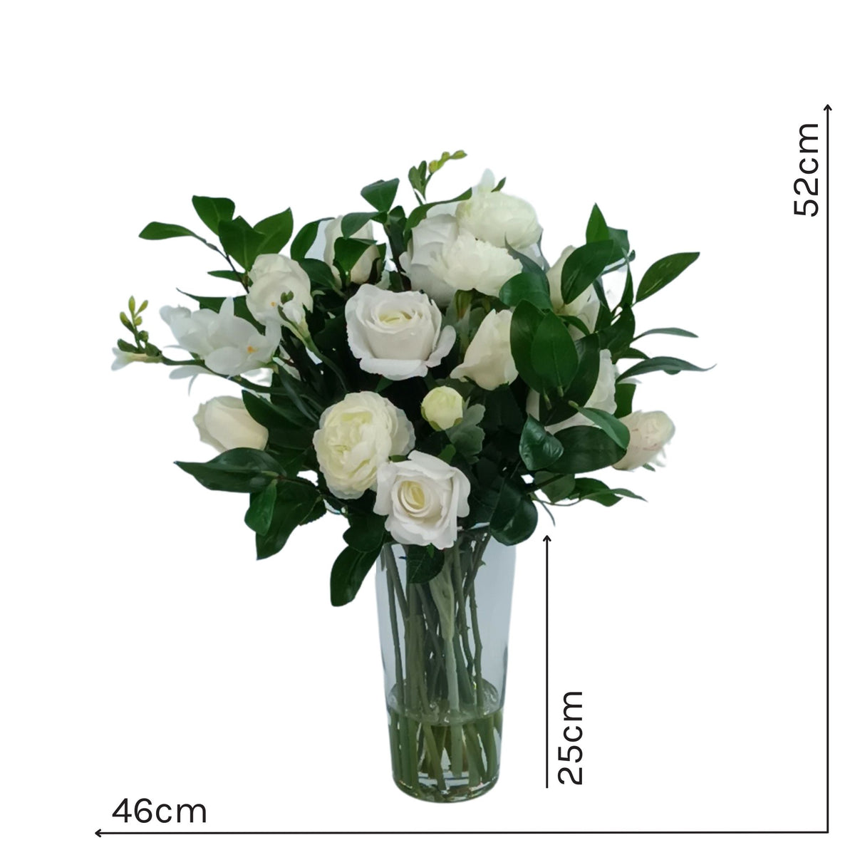 Mix Rose Rananculous Freezia Arrangement in Tapered Glass Vase
