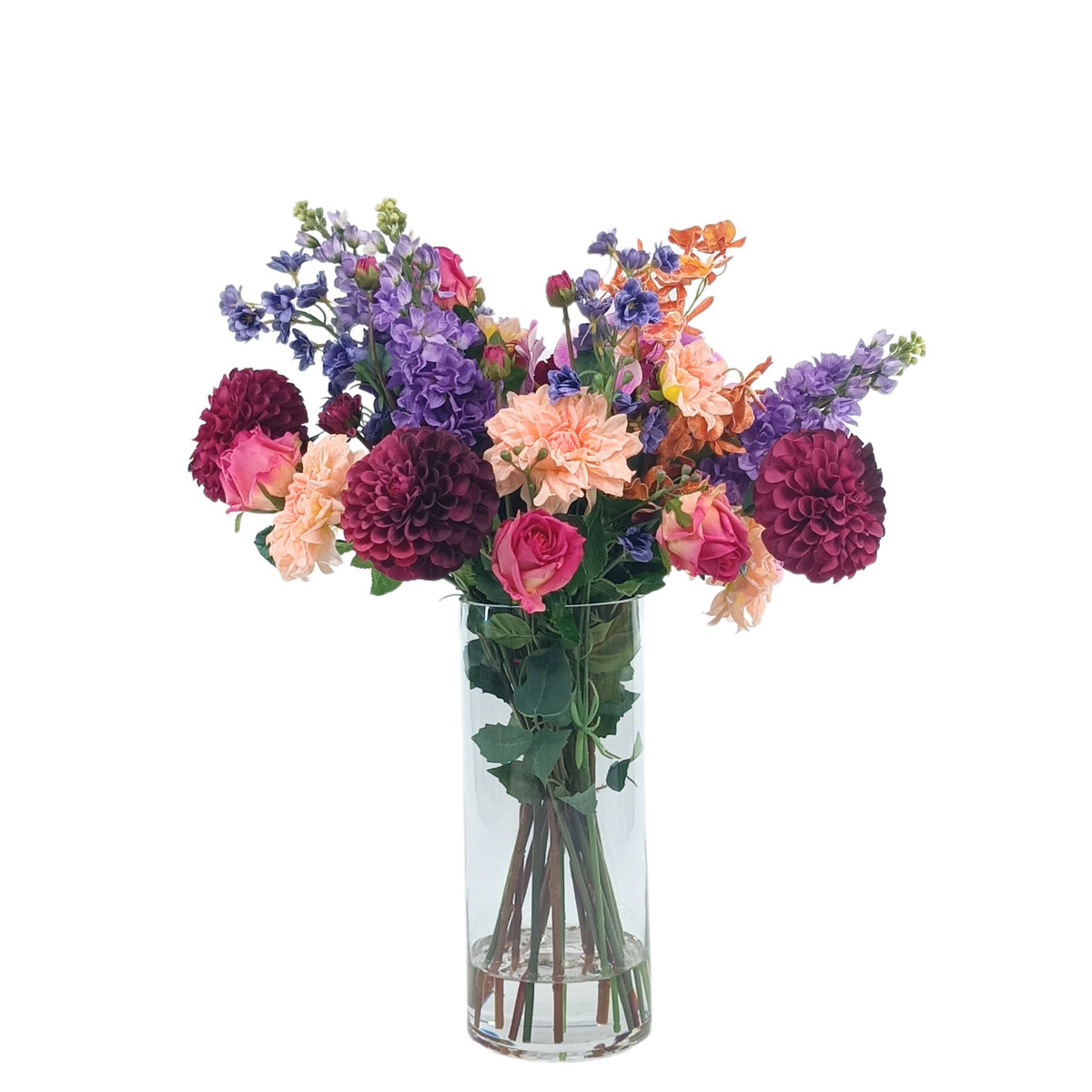 Mix Rose Snapdragon Orchid Dahlia Arrangement in Cylinder Glass Vase