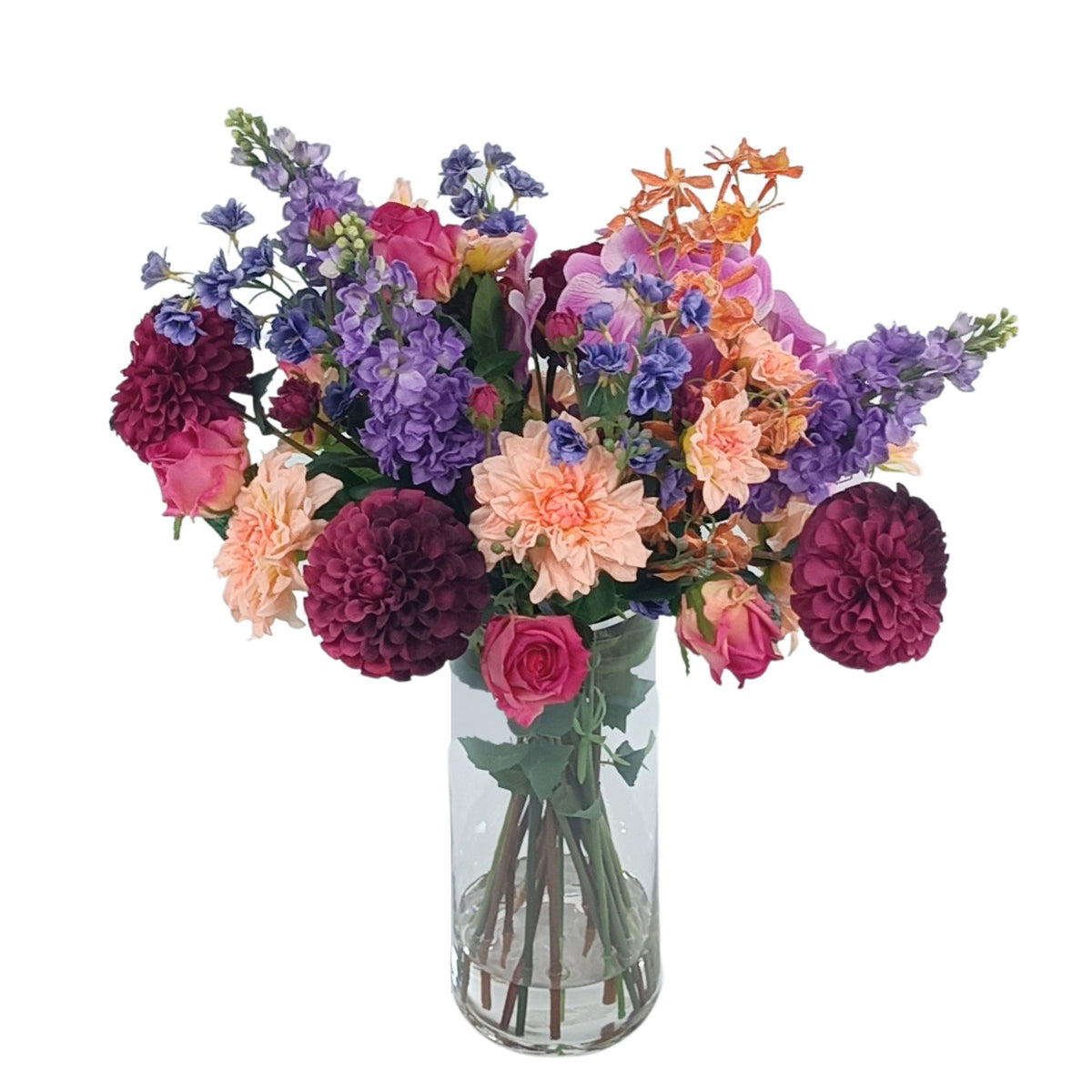Mix Rose Snapdragon Orchid Dahlia Arrangement in Cylinder Glass Vase