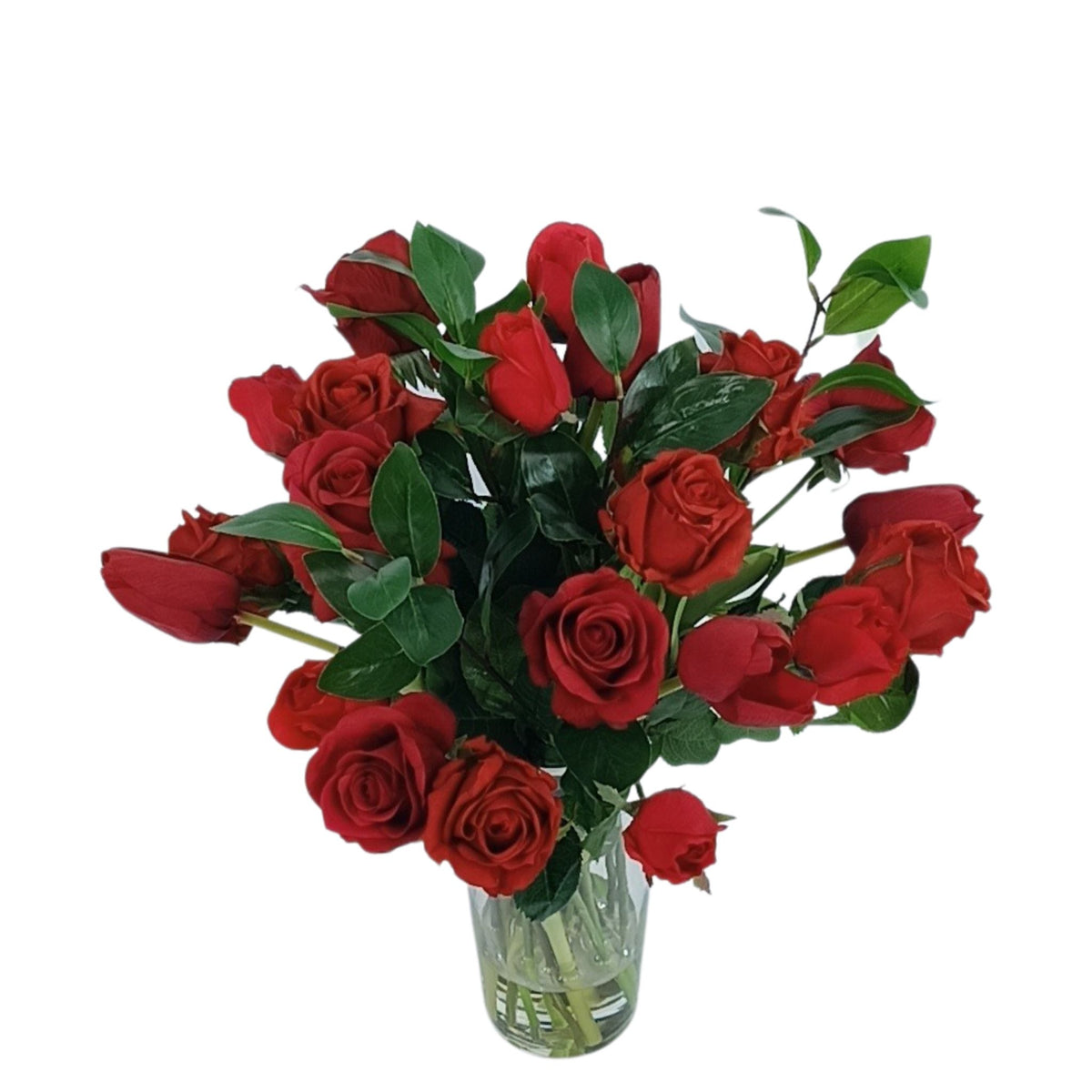 Mix Tulip Roses Foliage Arrangement in Cone Glass Vase