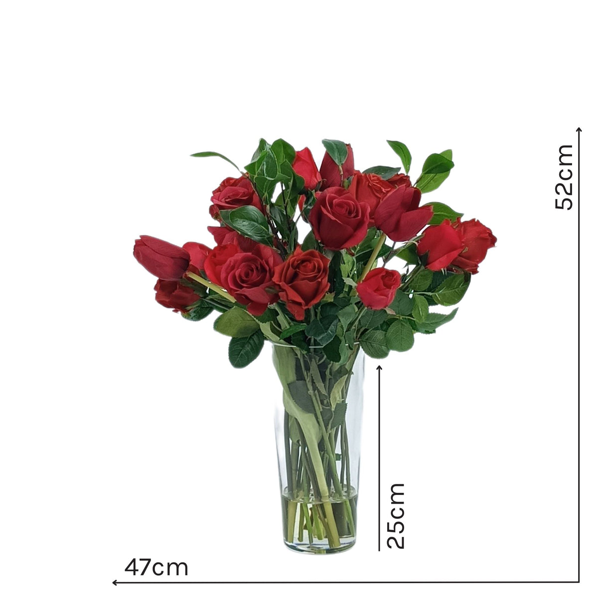 Mix Tulip Roses Foliage Arrangement in Cone Glass Vase