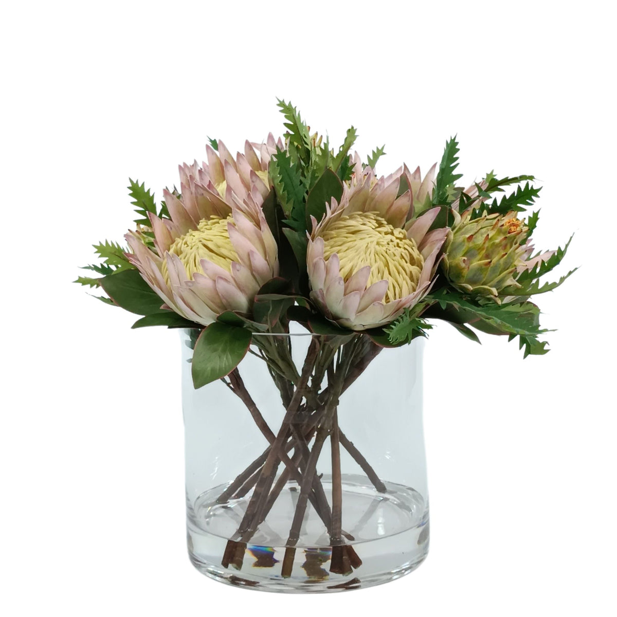 Protea King & Artichoke Mix SILK FLOWER Arrangement in Glass Cylinder Vase. Front view of arrangement available from www.plantcouture.co.za.