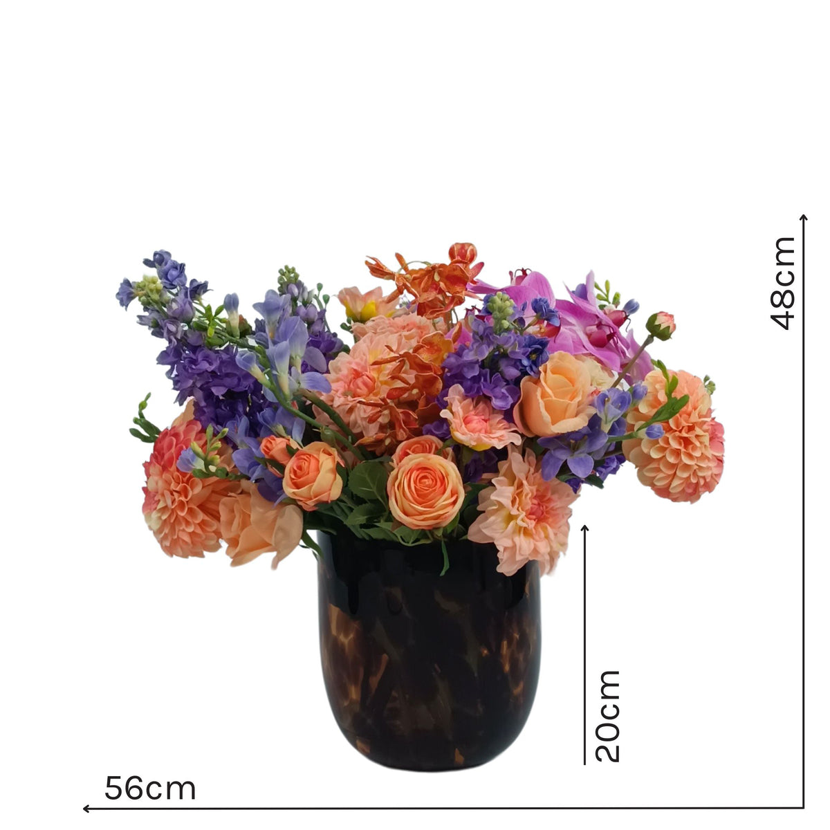 Mix Rose Snapdragon Dahlia Silk Flower Arrangement in Tortoise Shell Vase. Front view with measurements available from www.plantcouture.co.za. 48cm high by 56cm wide. 20cm tall vase.