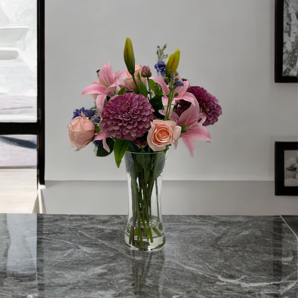 Mixed Faux Flower arrangement featuring Dahlia, Roses and Lilies in Pink and purple