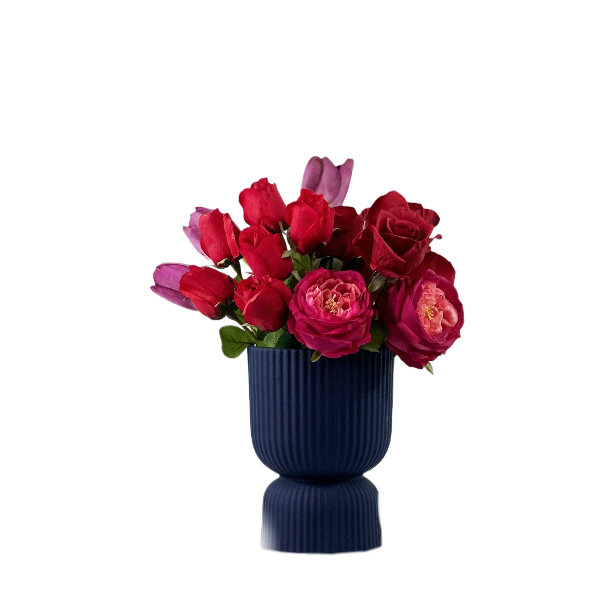 Artificial Roses Red and Purple Tulip in Blue Ceramic