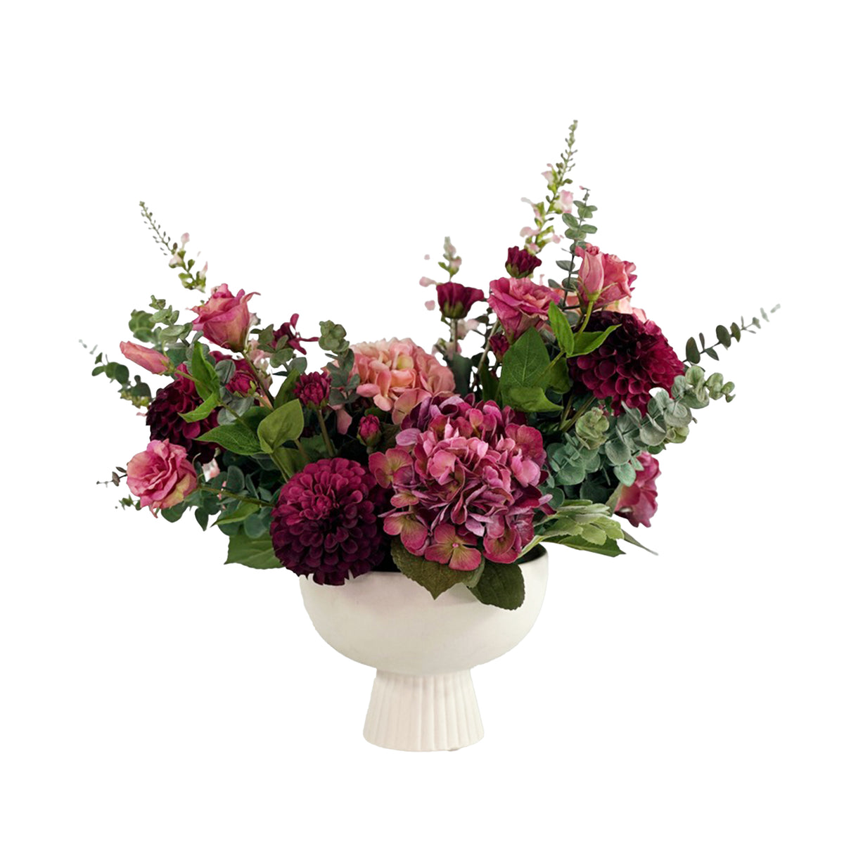 Hydrangea Dahlia Eucaluptus mix in White ftd Ceramic