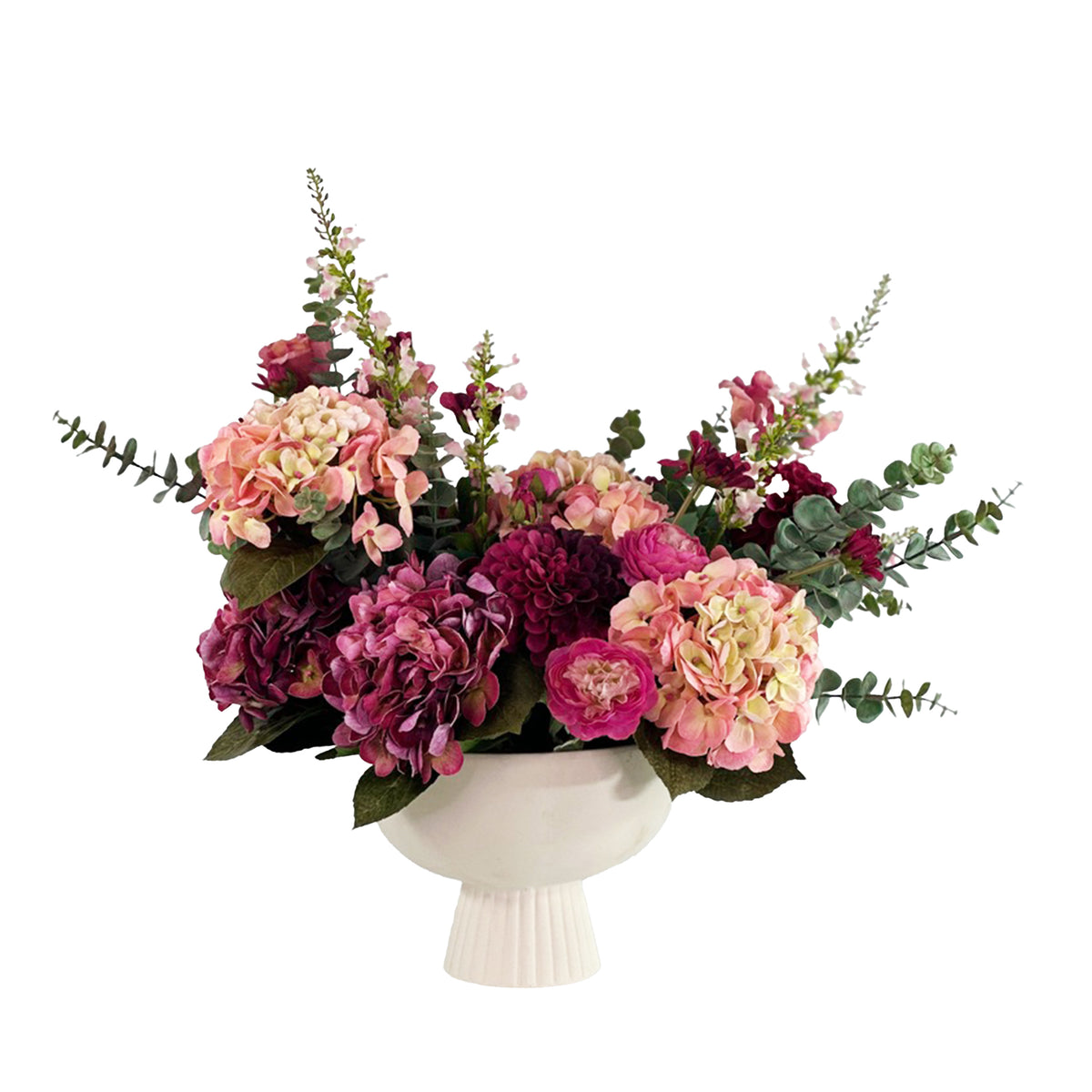 Hydrangea Dahlia Eucaluptus mix in White ftd Ceramic