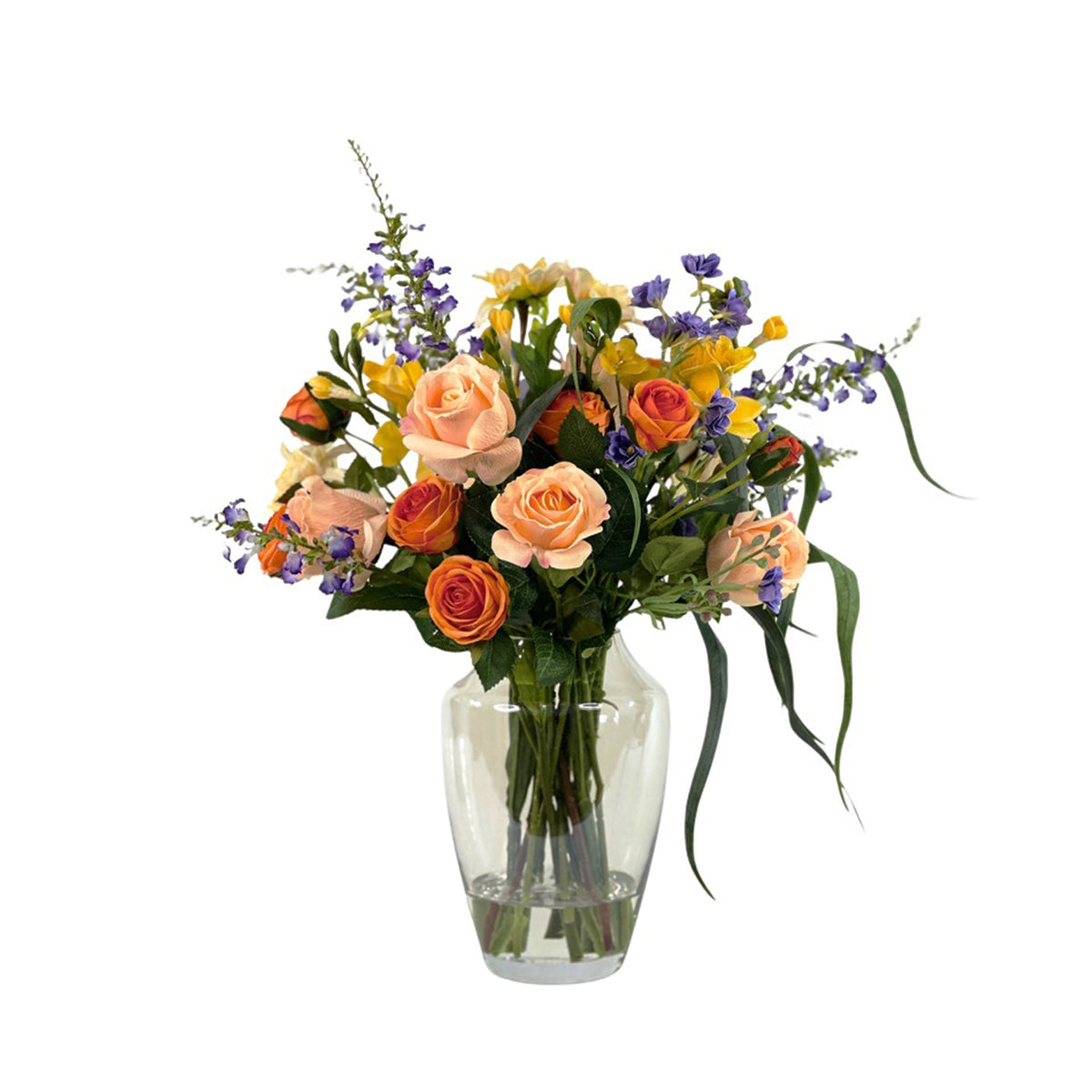 Mix Faux flowers incl Roses Dahlia Eucaluptus is shiny vase with faux water mix orange yellow and purple