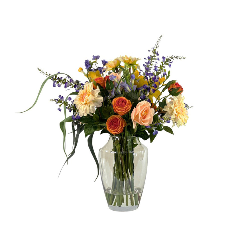 Mix Faux flowers incl Roses Dahlia Eucaluptus is shiny vase with faux water mix orange yellow and purple