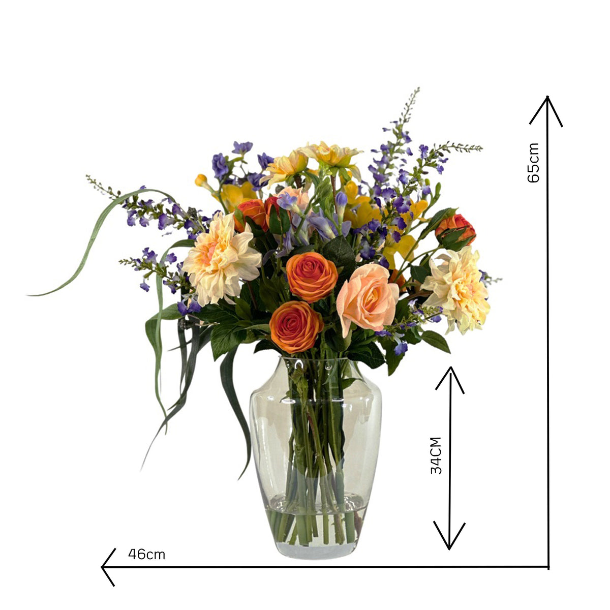Mix Faux flowers incl Roses Dahlia Eucaluptus is shiny vase with faux water mix orange yellow and purple with measurements