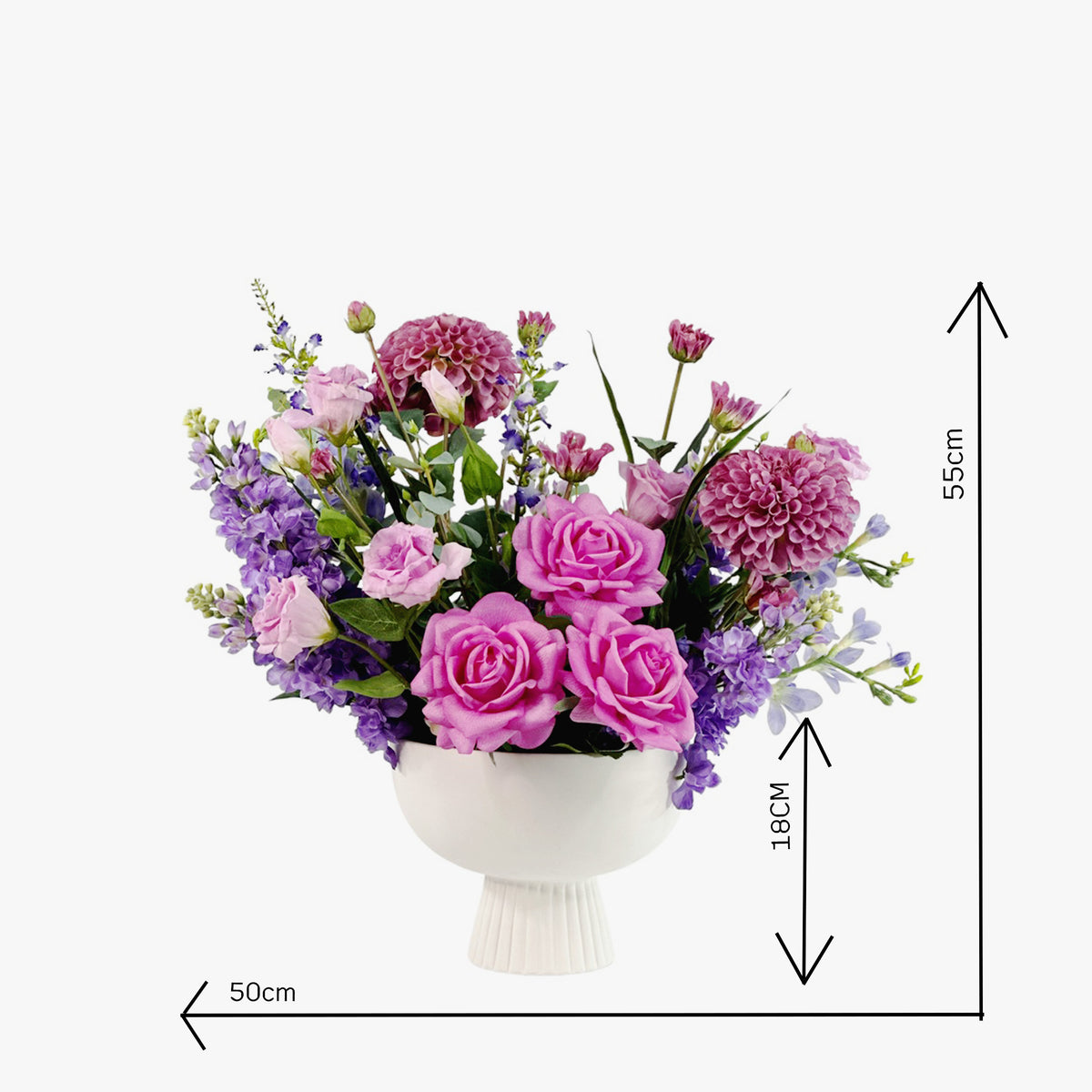 Faux Mix purple Flower arrangement with Dahlia Roses Freezia Snapdragon & Eucaluptus is footed white Ceramic with measurements
