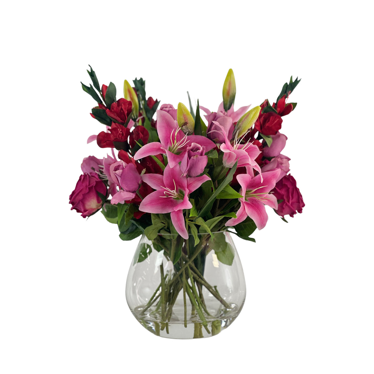 Mixed Pink and Red Lily Gladiolus and Roses in Glass Vase